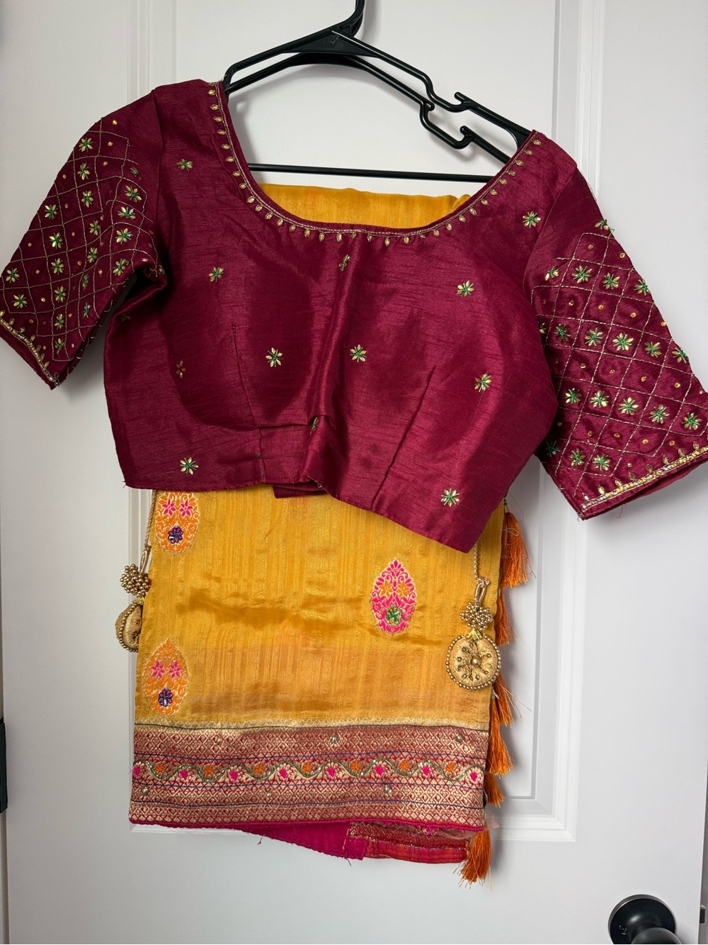 Embroidered Maroon Crop Blouse with Yellow Silk Saree Set